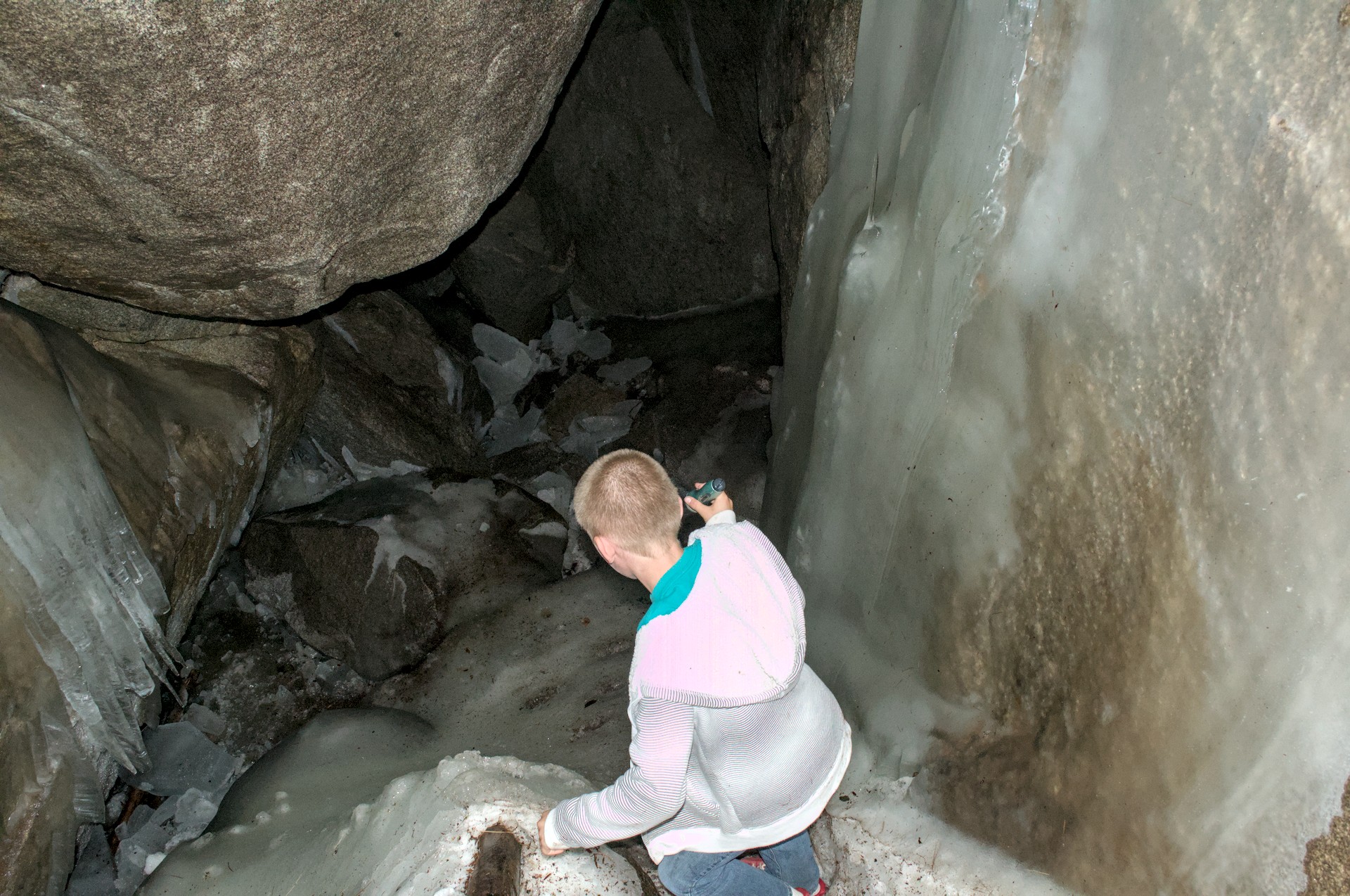 Ice formations inside the Sandy Stream Pond ice caves in July — the temperature inside drops to near-freezing even in midsummer