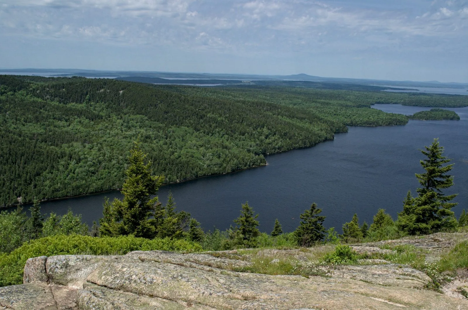 View from Beech Mountain summit in Acadia National Park — Echo Lake below, Long Pond and the Atlantic beyond