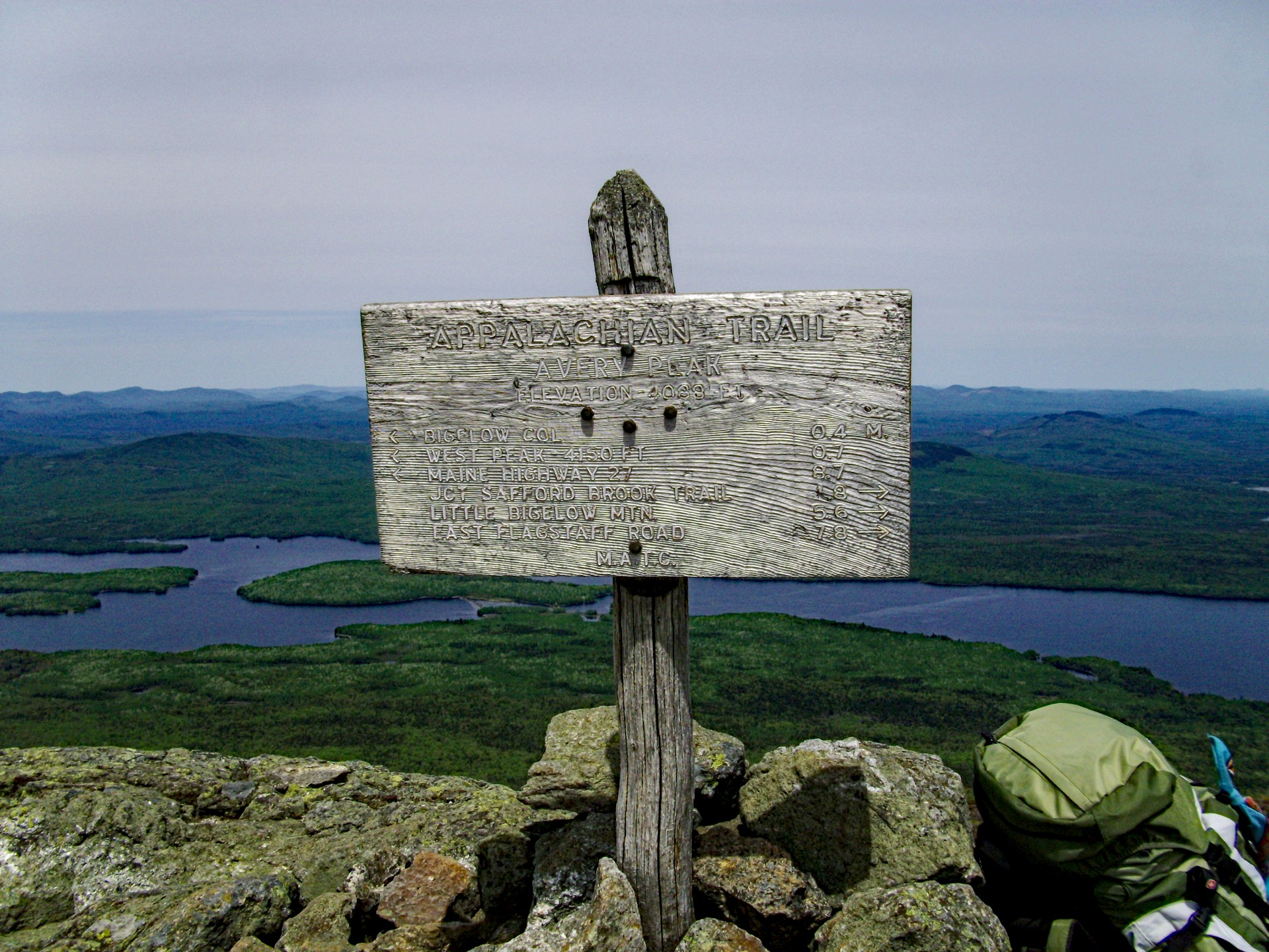 Avery Peak summit on Bigelow Mountain, Maine, with the Appalachian Trail marker