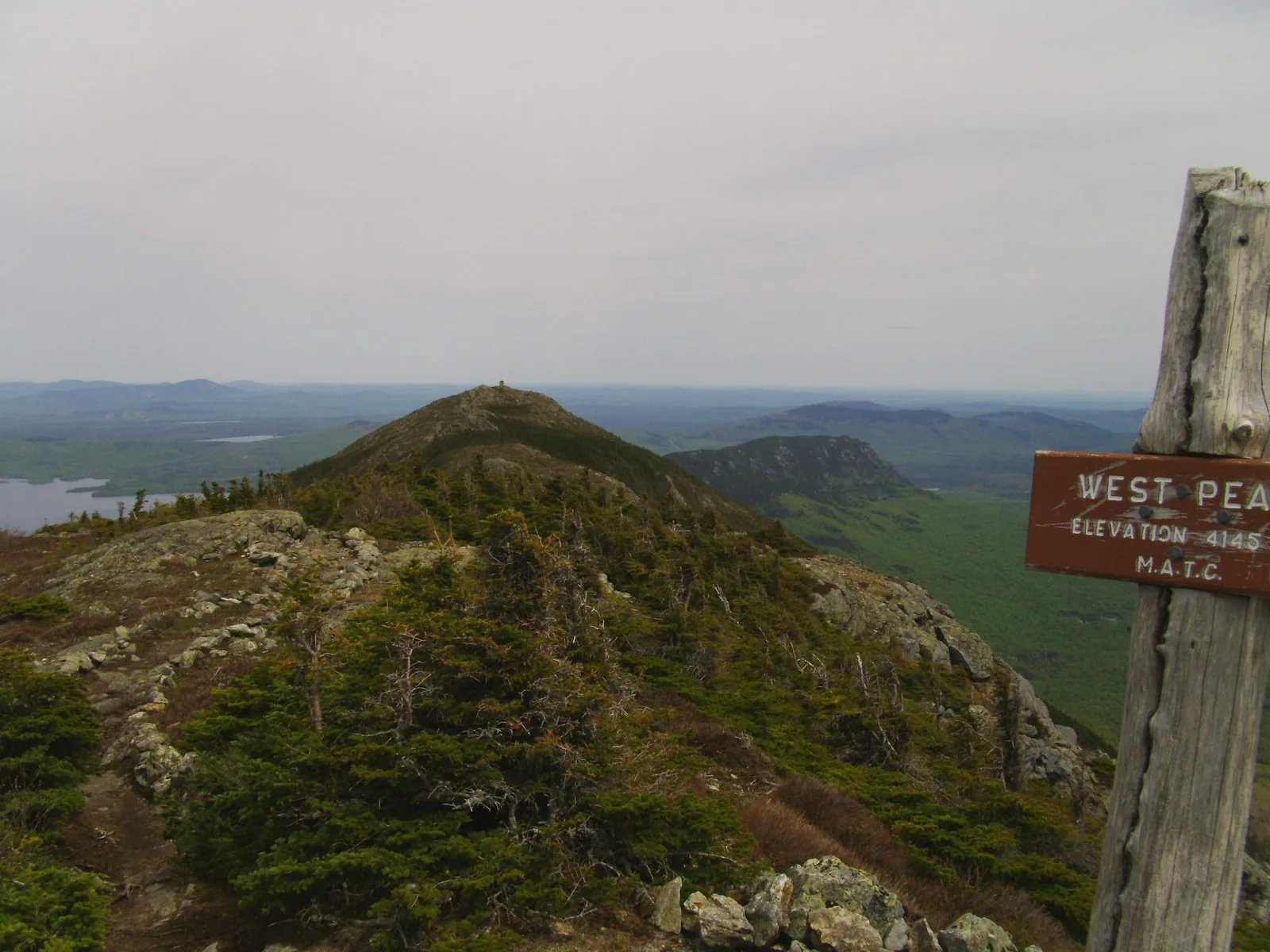 West Peak summit sign on the Bigelow Range, western Maine