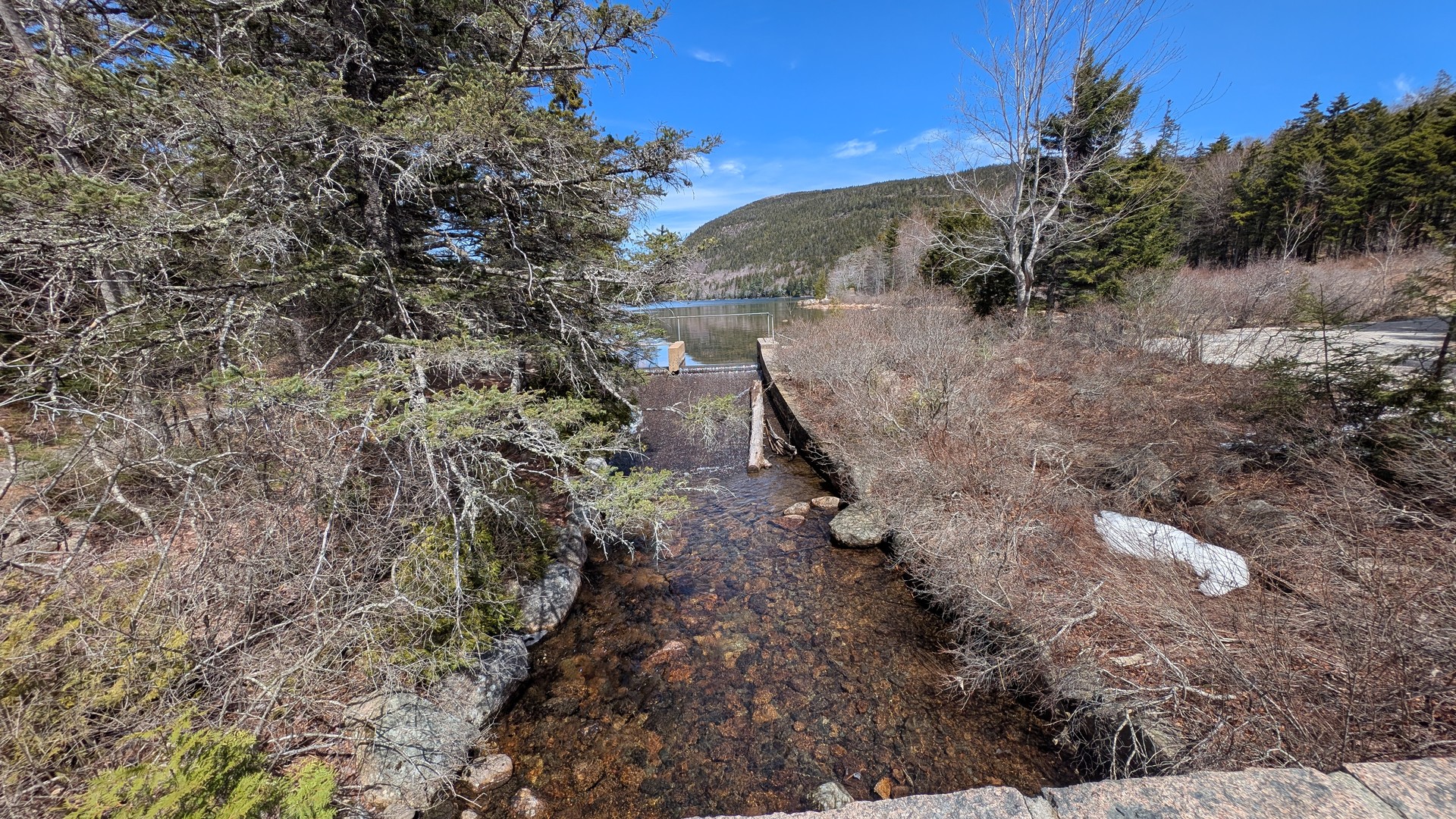 The outlet bridge at the south end of Jordan Pond — the stream draining toward the carriage roads below, good spot to stop